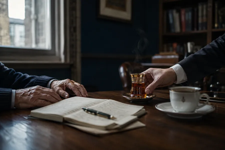 Tea being set down on a consultation table beside open notes, a small tea glass and an English teacup side by side