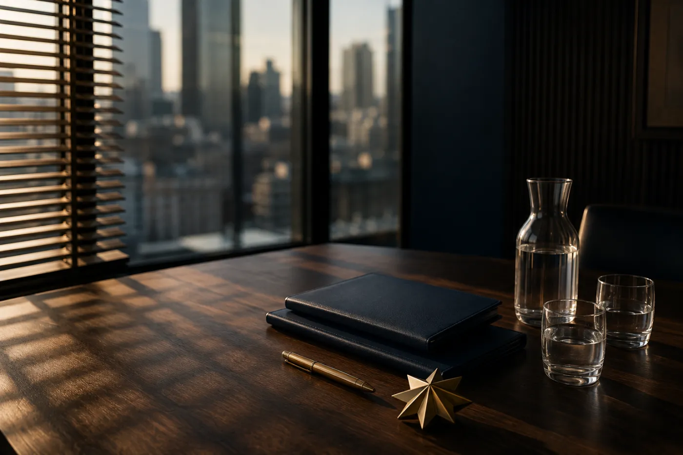 A meeting table by a window over the city, two closed folders, a pen and a carafe of water