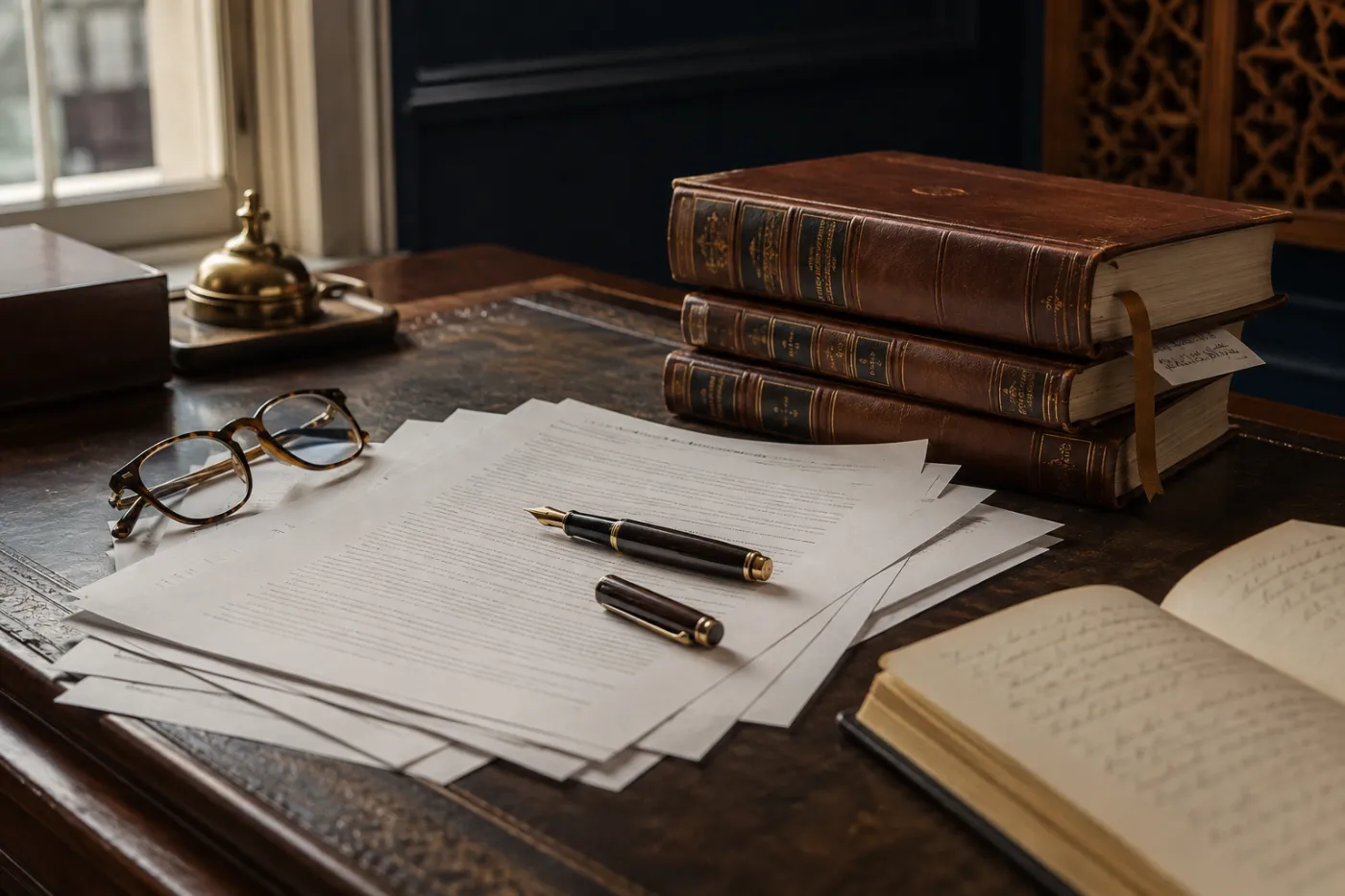 A desk with a contract laid out, a fountain pen, reading glasses and leather-bound volumes