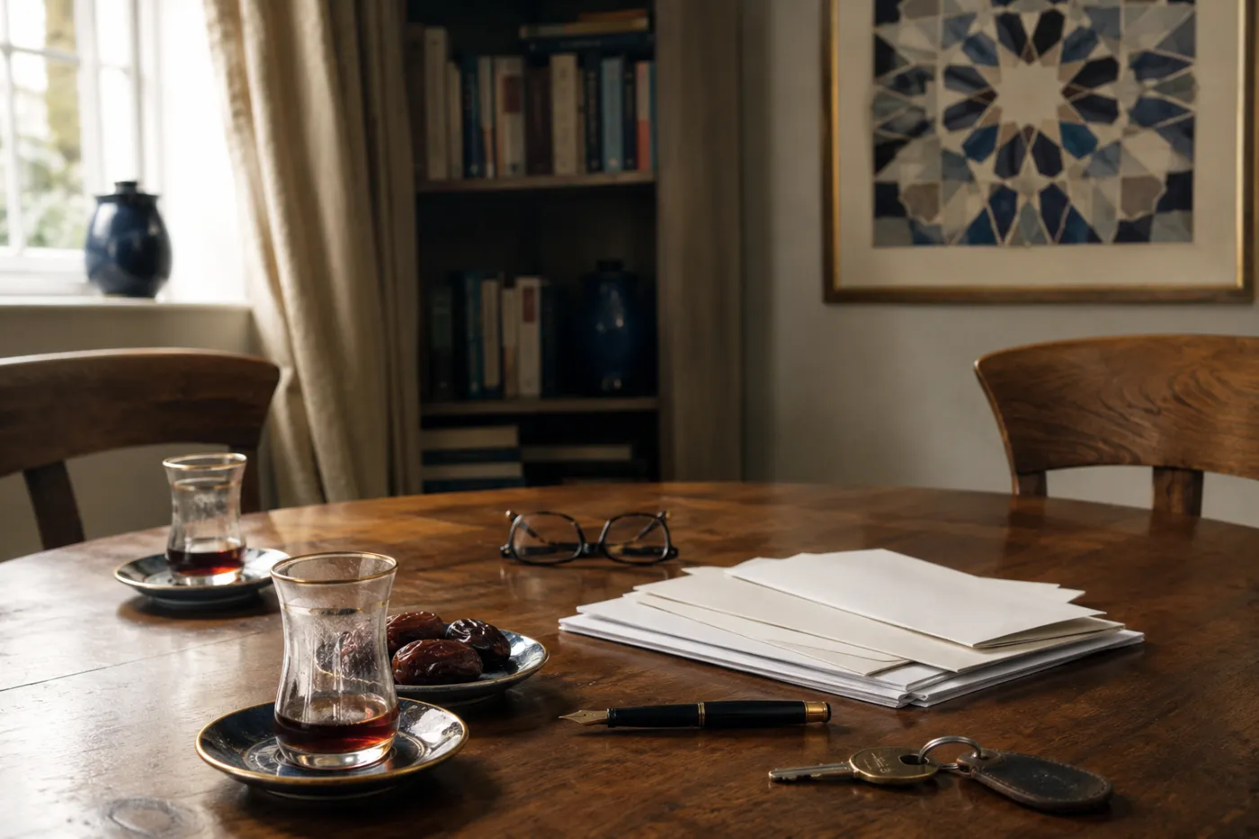 A family dining table at home with papers, reading glasses and tea, ready for a conversation