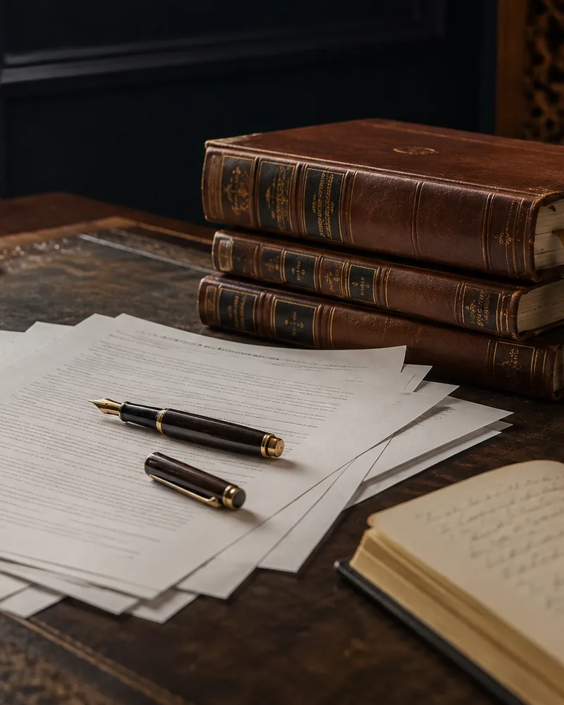 A working desk with English legal papers, a fountain pen and leather-bound scholarly volumes