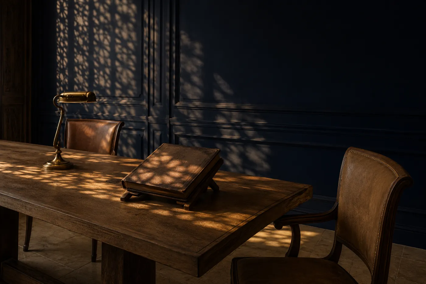 A navy-panelled reading room with light through a carved screen falling on an oak table and a closed volume