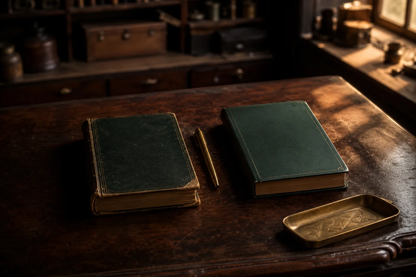 مكتب مؤسِّس في ضوء مسائي دافئ — دفتر حسابات جلدي أخضر أبلاه الاستعمال بجوار دفتر جديد مطابق له، وبينهما قلم نحاسي، وصينية نحاسية منقوشة عند طرف المكتب