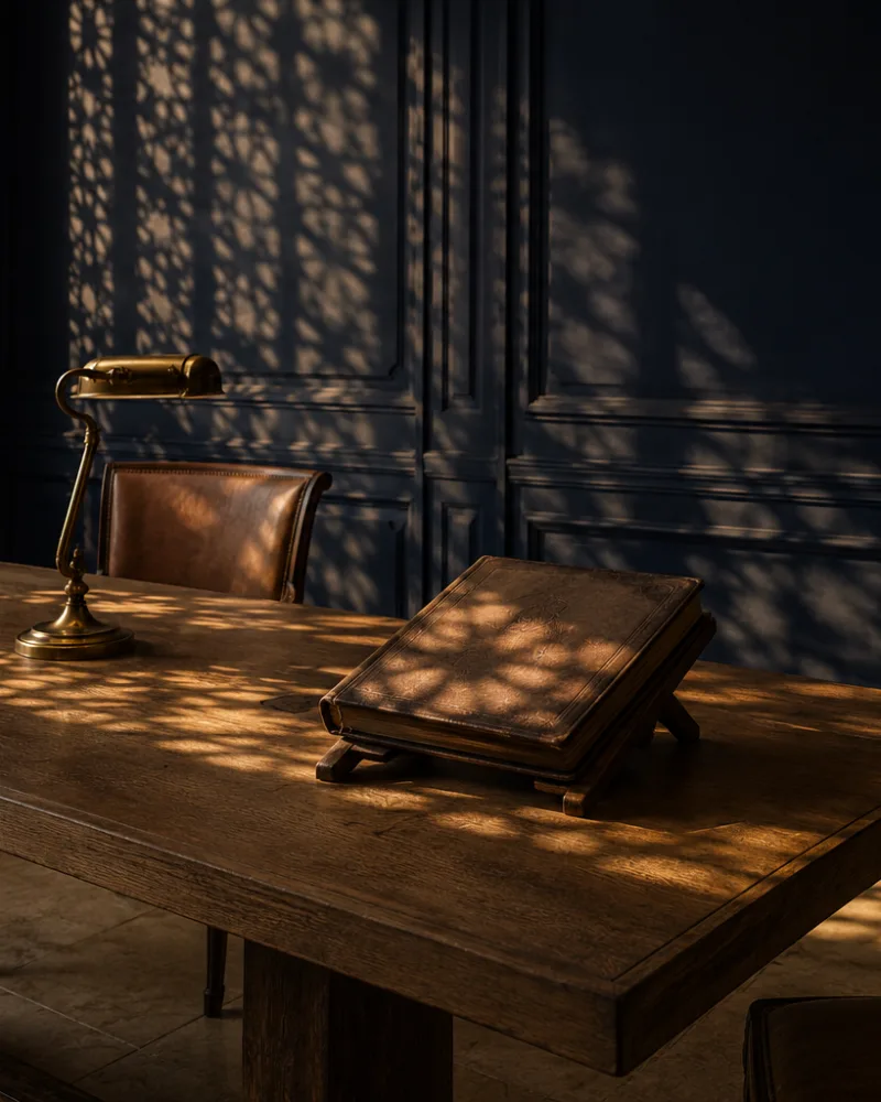 Late-afternoon light through a carved geometric screen falls across a navy-panelled reading room and an oak table holding a leather-bound volume on a book rest and a brass reading lamp